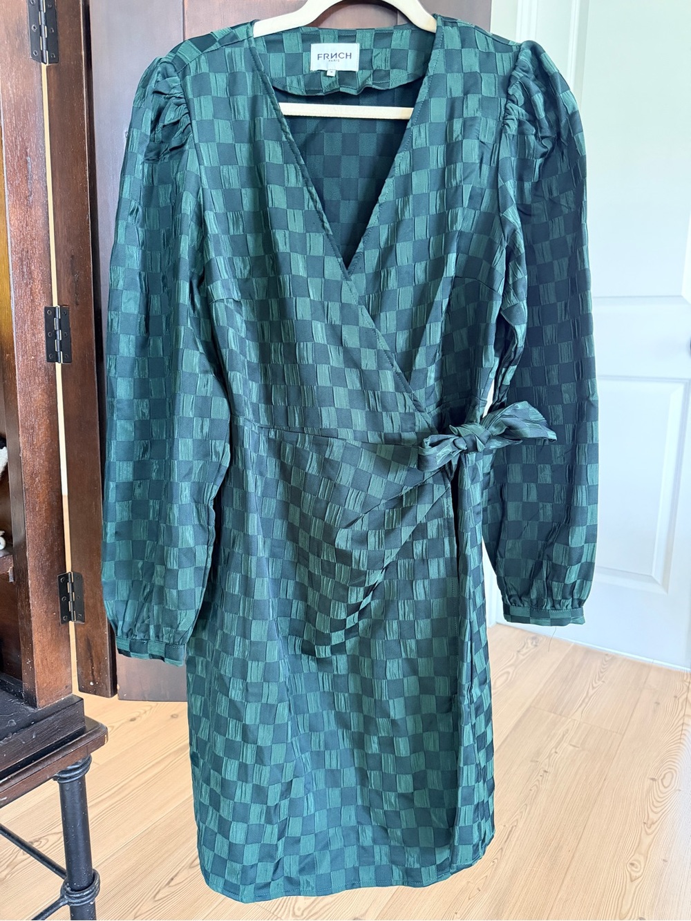 FRNCH Emerald Green Checked Wrap Dress with Puff Sleeves